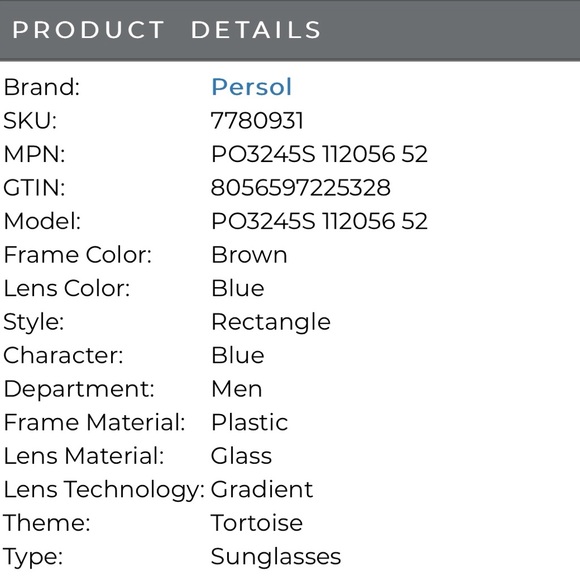 **SOLD** Persol Men’s Brown Tortoise-Opal Blue / Light Blue Rectangle Sunglasses - Picture 5 of 8